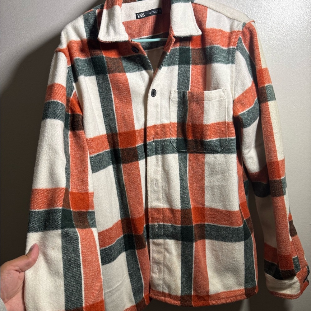 Zara Men's Casual Plaid Shirt - Orange and Green